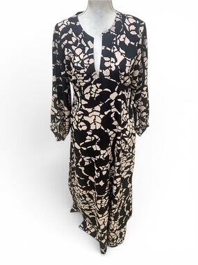 Lido Black & Blush Printed Maxi Dress Long Sleeve split neck high slit medium